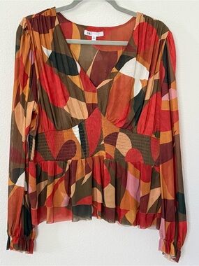 DR2 Abstract Geometric Print Blouse V-Neck Smocked Peplum Long Sleeve Top XL
